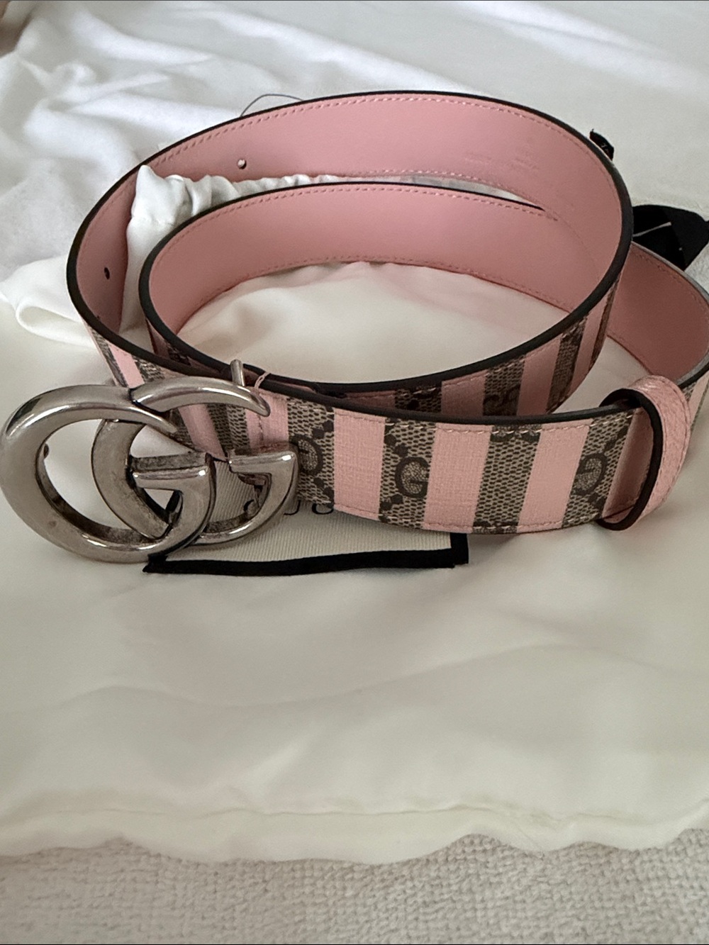 Gucci Pink GG Supreme Stripe Belt with Silver Double G Buckle